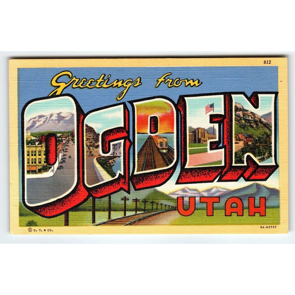 Greetings From Ogden Utah Large Big Letter Postcard Linen Curt Teich Vintage